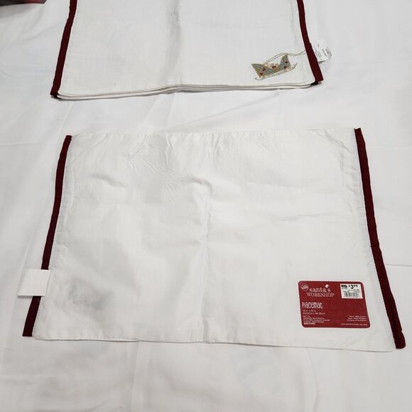 Santa's Workshop Embroidered Sleigh Placemats White Red Trim Christmas Set of 4 - Picture 6 of 12